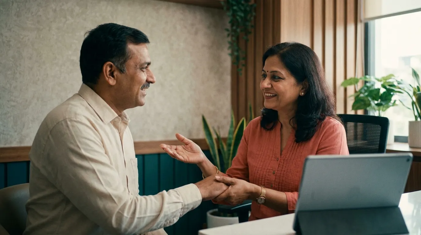 A specialist doctor in consultation with a patient in a modern Indian clinic, a tablet resting on the desk