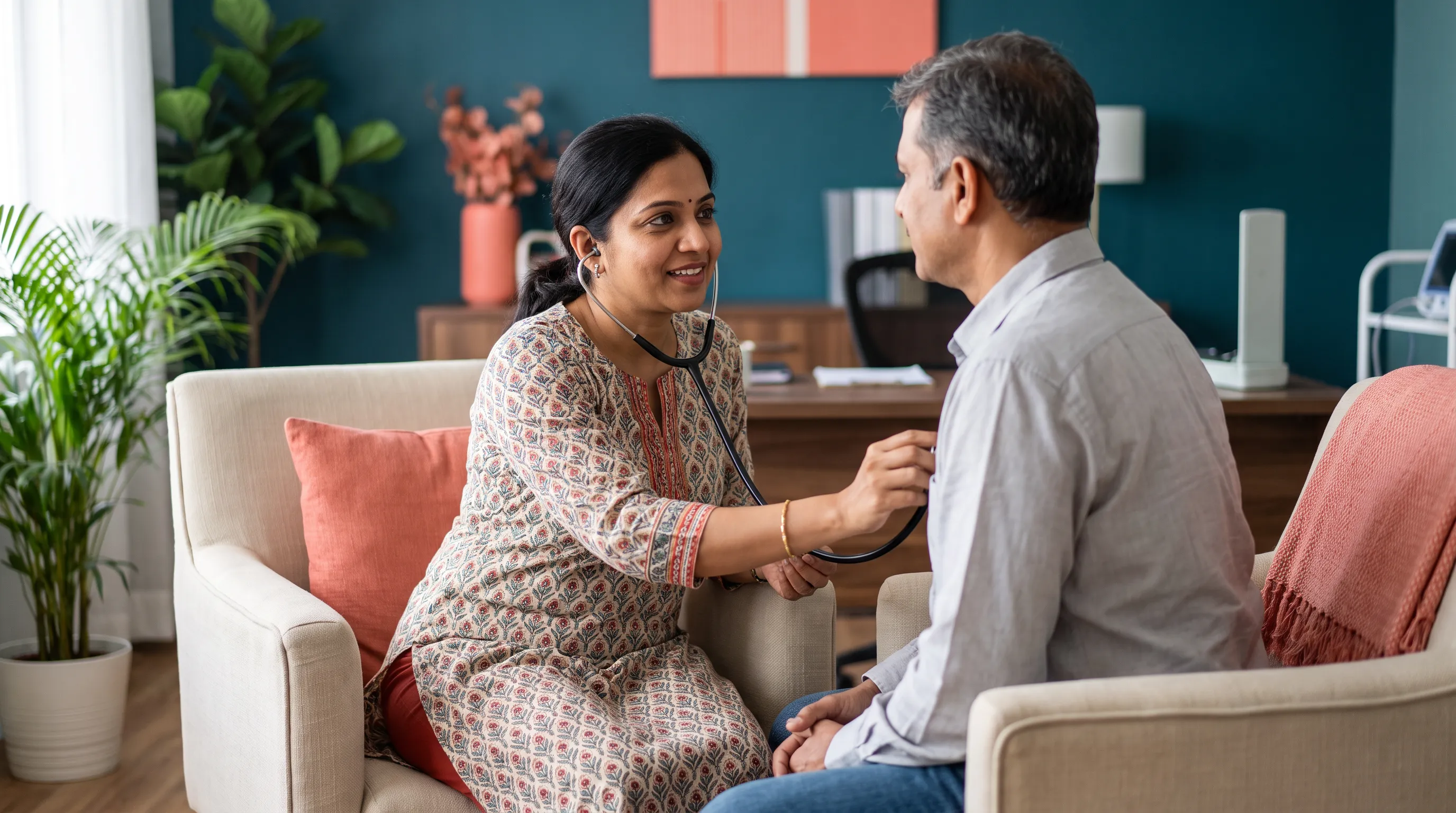 A cardiologist listening to a patient's heart with a stethoscope in a modern Indian clinic