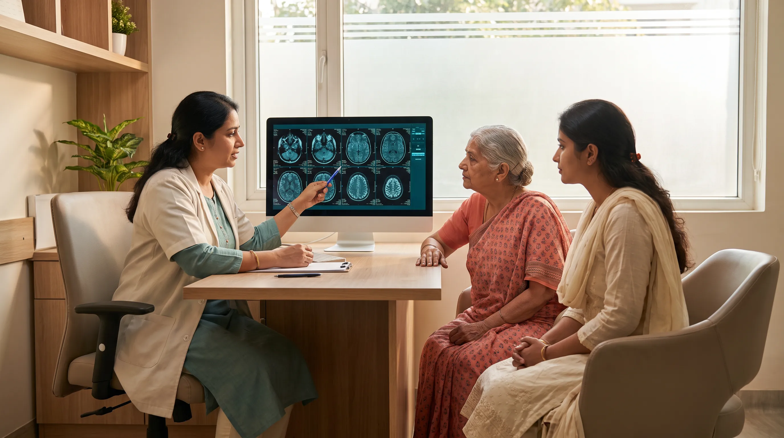 A neurologist walking an elderly patient and her daughter through brain scan images in an Indian consultation room