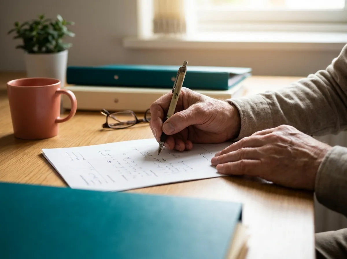 A doctor's hands reviewing and signing a document at a clinic desk