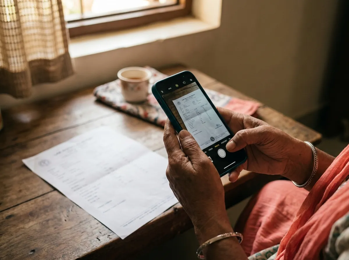 A patient's hands photographing a printed lab report with a phone to send it to their doctor